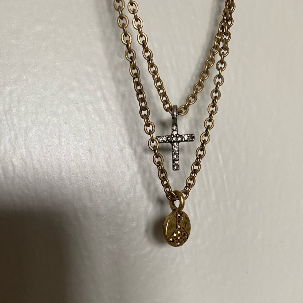 Fossil cross and peace necklace